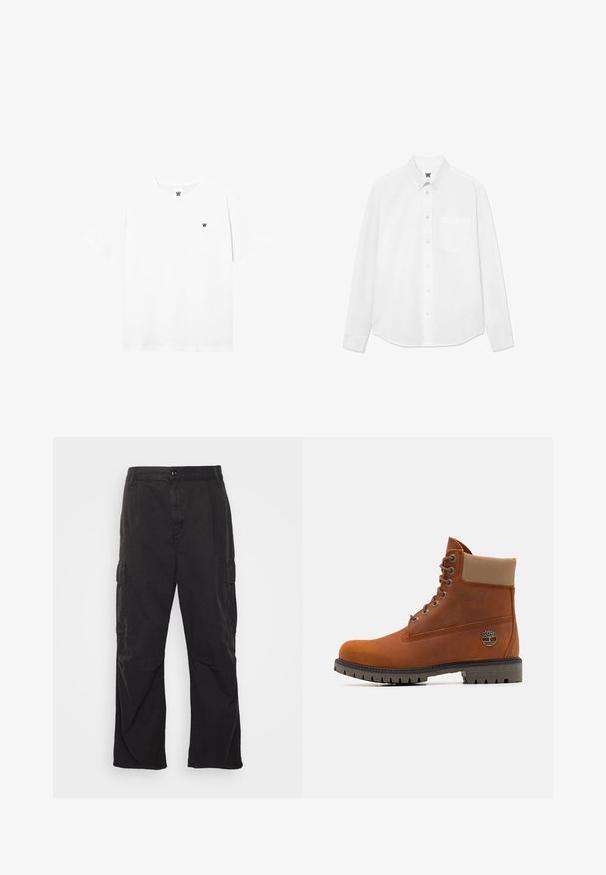 Fehér, rövid ujjú, kerek nyakú póló, kis kör alakú logóval, amelyen egy fekete "W" található a bal mellrészen.; Fehér, hosszú ujjú, gombos ing, gallérral, elülső zsebből és finom textúrából. Az elülső gombolás gombokkal és egy kis logó részlettel rendelkezik.; Fekete cargo nadrág egyenes szárú fazonnal, két oldalsó zsebbel, gombos záródással és texturált anyaggal.; Timberland Fűzős bokacsizmák - medium orange