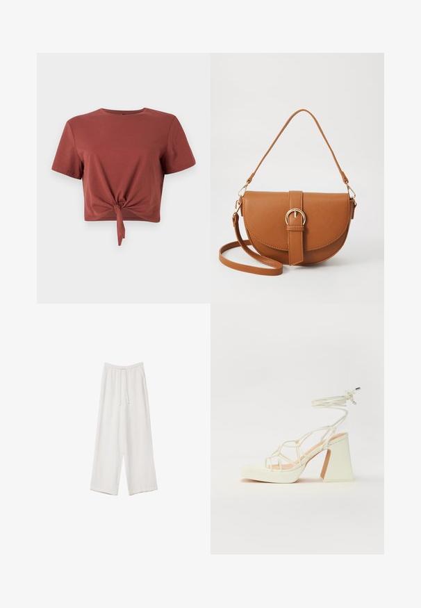 T-shirt accorciato color ruggine in morbido cotone con maniche corte e dettaglio frontale annodato. Tessuto morbido, scollatura rotonda.; Pantaloni a gamba larga bianchi realizzati in un tessuto leggero. Presentano una vita elastica con cordoncino e tasche laterali. Texture liscia.; Sandalo bianco con tacco alto, caratterizzato da un design a cinturini e un legaccio alla caviglia. Texture liscia con una piattaforma frontale per un'altezza aggiuntiva.; Borsa a tracolla in pelle marrone con forma curvata, hardware dorato e un dettaglio con fibbia. Presenta una tracolla rimovibile.