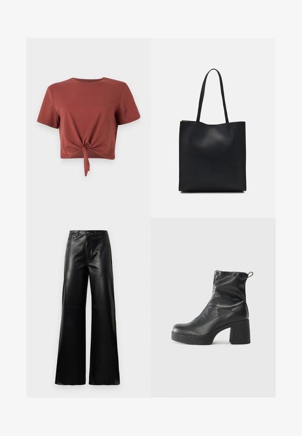 Hrdzavohnedý krátky tričko z mäkkej bavlny s krátkymi rukávmi a detailom s uzlom vpredu. Hladká textura, okrúhly výstrih.; Čierne vysokopriestené široké nohavice z umelého kože s predným gombíkom, zipsom, pútkami na opasok a bočnými vreckami na bielom pozadí.; Čierne členkové topánky z hladkej kože, so bočným zipsom, robustnou textúrovanou pätnou časťou a zaobleným dizajnom špičky.; Čierna kožená taška na rameno s hladkým povrchom, obdĺžnikovým tvarom a dvoma dlhými uchami. Bez viditeľného kovania alebo ozdôb.