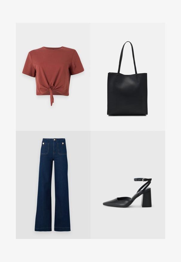 Rust-colored cropped t-shirt in soft cotton with short sleeves and a knotted front detail. Smooth texture, round neckline.; Dark blue wide-leg jeans with high waist, gold button accents, two front and back pockets, and contrasting stitch details. Textured denim fabric.; Black leather pointy-toe pump with an ankle strap and a chunky heel. Flat texture, sleek design, and minimalistic aesthetics.; Black leather tote bag with smooth texture, rectangular shape, and two long handles. No visible hardware or embellishments.