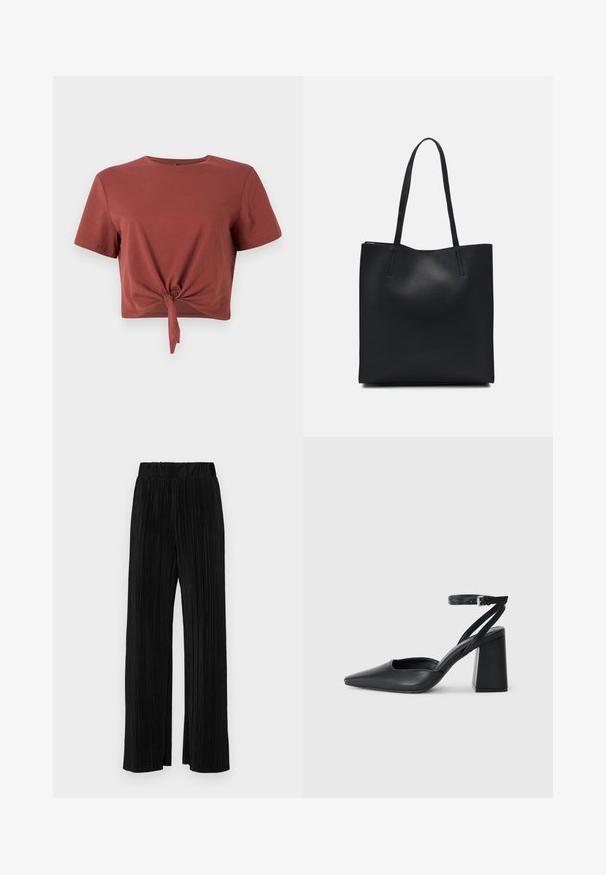 T-shirt accorciato color ruggine in morbido cotone con maniche corte e dettaglio frontale annodato. Tessuto morbido, scollatura rotonda.; Pantaloni neri a plissé con vita elasticizzata. Presentano gamba ampia e un tessuto liscio e texture con strisce verticali.; Pump in pelle nera con punta affusolata, cinturino alla caviglia e tacco spesso. Texture piatta, design elegante ed estetica minimalista.; Borsa tote in pelle nera con texture liscia, forma rettangolare e due manici lunghi. Nessun hardware o decorazione visibile.