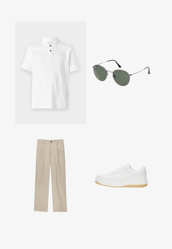 Polo bianco con tessuto testurizzato, maniche corte, colletto ripiegato e tre bottoni neri nella scollatura.; Pantaloni beige a taglio dritto, con un solo bottone nero, passanti per la cintura e tasche laterali. Tessuto dalla texture liscia e design minimale.; Sneaker bianco in pelle con finitura testurizzata, dotata di suola in gomma, design con lacci e sottili accenti a strisce sui lati.; Occhiali da sole con montatura in metallo e lenti verdi ovali. Montatura sottile in metallo argento e terminali neri. Design minimalista, senza loghi visibili.