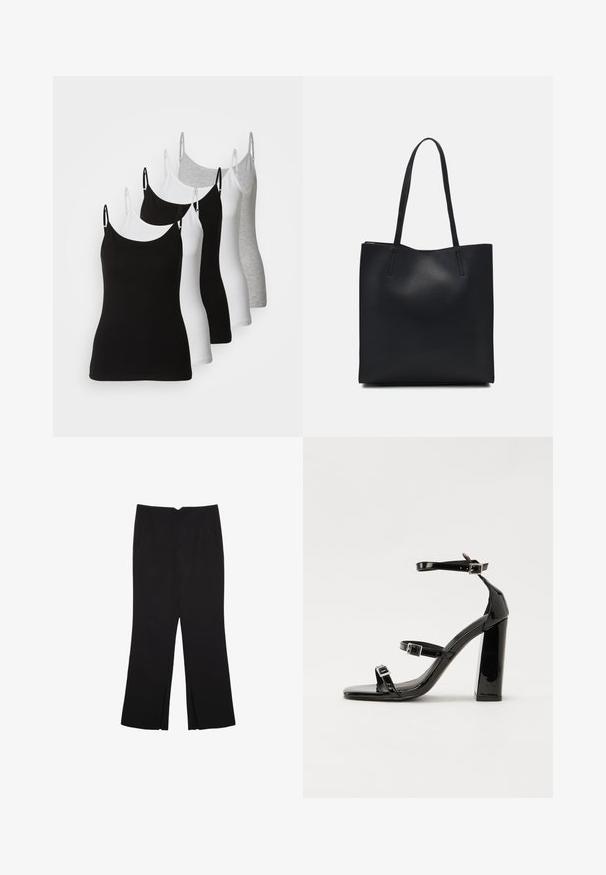 Viisi ilman hihoja olevaa toppia mustana, valkoisena ja vaaleanharmaana. Ne on valmistettu sileästä, joustavasta kankaasta, jossa on säädettävät olkaimet ja pyöreät kaula-aukot.; Mustat housut suoralinjaisella leikkauksella, joissa on etutaskut ja sivurei'ät helman alla. Valmistettu pehmeästä ja sileästä kankaasta. Sopii eri tilaisuuksiin.; Musta kiiltävä korkokenkä sandaalit neliönmuotoisella varpaalla, nilkkaremmillä ja hopeisilla soljilla. Varustettu tukevalla lohkokorkealla vakauden takaamiseksi.; Mustapahkainen kangaskassi, jossa on sileä pinta, suorakaiteen muotoinen ja kaksi pitkää kahvaa. Ei näkyvää metalliosaa tai koristeita.