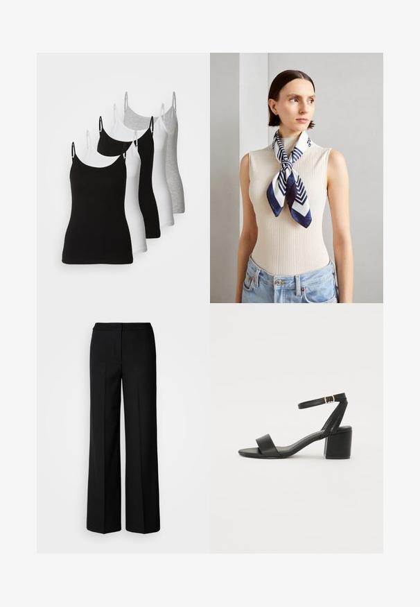 Vijf mouwloze camisoles in zwart, wit en lichtgrijs. Gemaakt van een gladde, rekbare stof met verstelbare bandjes en ronde halslijnen.; Zwarte wijde broek van een gladde stof, met een hoge taille, nauwkeurig gestikte naden en een minimalistisch ontwerp. Geen zichtbare hardware of zakken.; Zwarte hoge sandaal met een soepel leren bovenkant, een open teen, brede voorkruisbanden en een verstelbare enkelband met een gouden gespdetail.; Zijde sjaal in marineblauw en wit met een geometrisch zigzagpatroon. Invloed van een gladde textuur, mooi om de hals geknoopt, wat perfect past bij een geribbelde top.