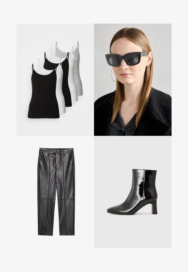 Five sleeveless camisoles in black, white, and light gray. Made of a smooth, stretchy fabric with adjustable straps and rounded necklines.; Black leather trousers with a smooth texture, featuring a straight fit, two front pockets, and visible seam detailing.; Black patent leather ankle boot with a pointed toe and a mid-height block heel. Smooth texture and minimalist design.; Black cat-eye sunglasses with dark lenses, thick frames, and subtle accents. Worn with a black coat and gray top, featuring long straight hair.
