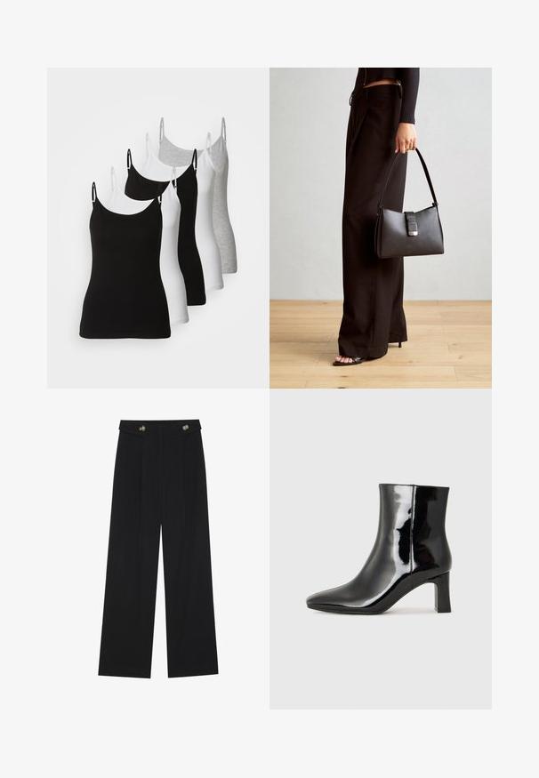 Pieci bezpiedurkņu krekliņi melnā, baltā un gaiši pelēkā krāsā. Izgatavoti no gludas, elastīgas auduma ar regulējamām siksnām un noapaļotiem kakla izgriezumiem.; Melnas platās bikses ar augstu jostasvietu, pogu detaļām uz jostas un priekšējām krokām.; Melnas patentētas ādas potīšu zābaki ar norādītu pirkstu un vidēja augstuma kvadrātveida papēdi. Gluda tekstūra un minimālisma dizains.; Melnā somiņa ar strukturētu formu, gludu tekstūru un metālu sprādzi. Saskaņota ar platām melnām biksēm un sandālēm ar atvērtu purngalu uz koka grīdas.