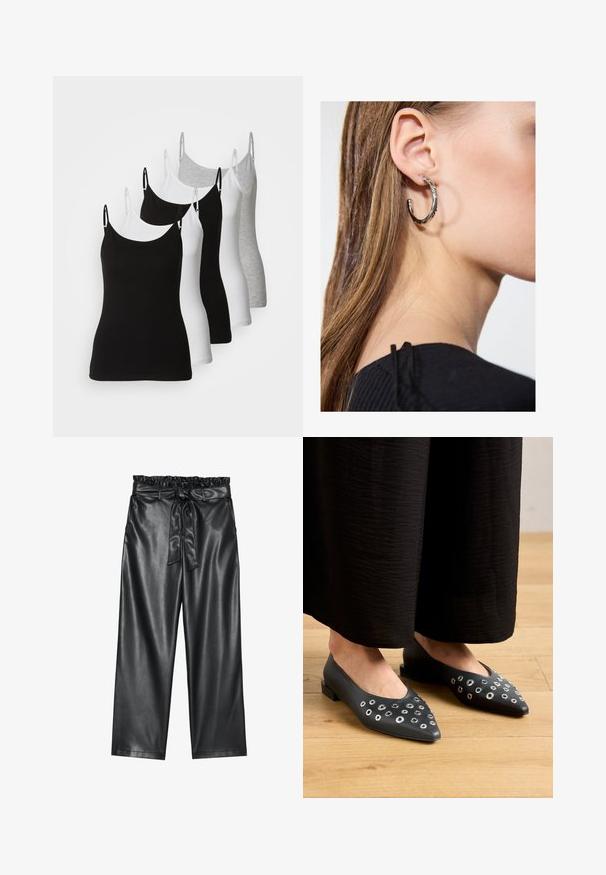 Vijf mouwloze camisoles in zwart, wit en lichtgrijs. Gemaakt van een gladde, rekbare stof met verstelbare bandjes en ronde halslijnen.; Zwarte faux leren wijde broek met een elastische, gerimpelde tailleband en een afneembare strikriem. Gladde textuur en minimale glans.; Zwarte leren ballerina's met een spitse neus, voorzien van metalen oogjes in verschillende maten, en een lage vierkante hak. Gladde textuur op een houten vloer.; Zilveren oorbel met een gepolijste afwerking, met kleine gouden accentdetails en een ronde vorm, gedragen op de oorlel.