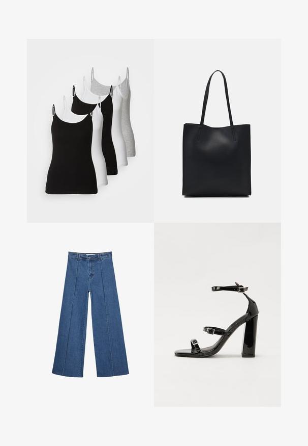 Pięć bezrękawkowych podkoszulków w kolorach czarnym, białym i jasnoszarym. Wykonane z gładkiego, elastycznego materiału z regulowanymi ramiączkami i okrągłymi dekoltami.; Jeans typu wide-leg w średnim niebieskim kolorze, z wysokim stanem, zapięciem na guziki oraz kontrastowymi szwami pionowymi z przodu.; Czarne lakierowane sandały na obcasie z kwadratowym noskiem, z paskami wokół kostki i srebrnymi klamrami. Posiadają masywny słupek dla stabilności.; Czarna skórzana torba tote o gładkiej fakturze, prostokątnym kształcie i dwóch długich uchwytach. Brak widocznych elementów metalowych i ozdób.