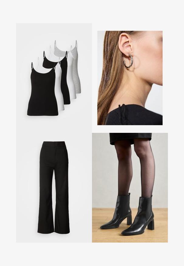 Vijf mouwloze camisoles in zwart, wit en lichtgrijs. Gemaakt van een gladde, rekbare stof met verstelbare bandjes en ronde halslijnen.; Zwarte wijde broek met een gladde textuur, hoge taille en een strakke uitstraling. Geen zichtbare zakken of versieringen.; Zwarte leren enkellaarsjes met een spitse neus, stevige vierkante hak en een fraaie uitstraling. Beschikt over elastische zijpanelen voor gemakkelijke aan- en uittrekken.; Zilveren oorbel met een gepolijste afwerking, met kleine gouden accentdetails en een ronde vorm, gedragen op de oorlel.