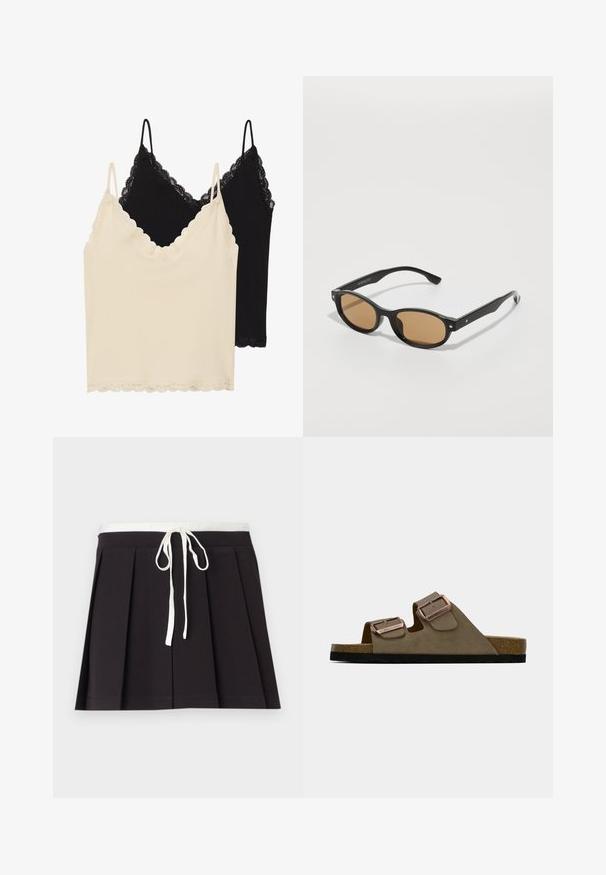 Dwa topy na ramiączkach: jeden kremowy, a drugi czarny. Oba mają koronkowe wykończenie przy dekolcie i u dołu, oraz regulowane ramiączka.; Kremowa bluzka z falbaniastym dekoltem, długimi rękawami z rozszerzanymi mankietami oraz warstwowym dołem. Tkanina ma subtelne kropki.; Czarna plisowana spódnica z białym, plecionym ściągaczem w pasie. Wykonana z miękkiego materiału, o gładkiej fakturze i prostym, klasycznym wzorze.; Brązowe zamszowe sandały z dwoma regulowanymi paskami i metalowymi klamrami. Korkowa wkładka i czarna teksturowana podeszwa. Projekt z odkrytymi palcami.; Czarne okulary przeciwsłoneczne z owalnymi oprawkami, brązowymi soczewkami i srebrnymi akcentami na oprawkach. Gładka tekstura i elegancki design.; Czarna torba z tkaniny z jedną szeroką rączką na ramię. Miękki, półstrukturalny kształt oraz gładka tekstura; minimalistyczny design, bez widocznych elementów metalowych.