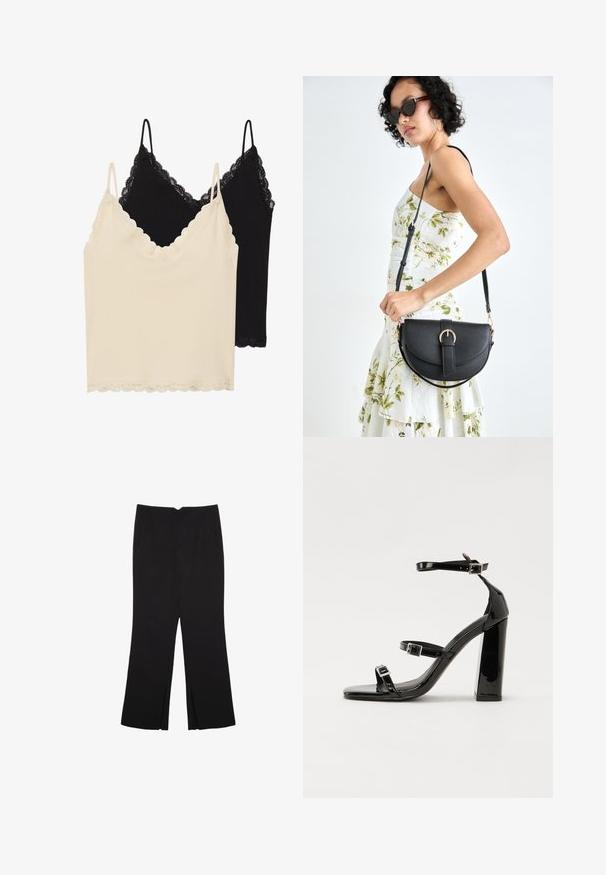 Zwei Spaghettiträgeroberteile: eines in Creme und eines in Schwarz. Beide verfügen über eine Spitzenborte entlang des Ausschnitts und des Saums, mit verstellbaren Spaghettiträgern.; Schwarze Hose mit geradem Schnitt, ausgestattet mit Fronttaschen und Seitenschlitzen am Saum. Hergestellt aus weichem, glattem Stoff. Geeignet für verschiedene Anlässe.; Schwarze Lackleder-Sandalen mit hohen Absätzen, zwei Riemen mit Schnallen, quadratischer Zehenpartie und klobigem Blockabsatz, mit einer glatten, glänzenden Textur.; Schwarze Lederhandtasche mit geschwungener Form, abnehmbarem Tragegurt und goldenen Beschlägen. Die Tasche verfügt über einen Deckel mit einer Schnallen-Details.