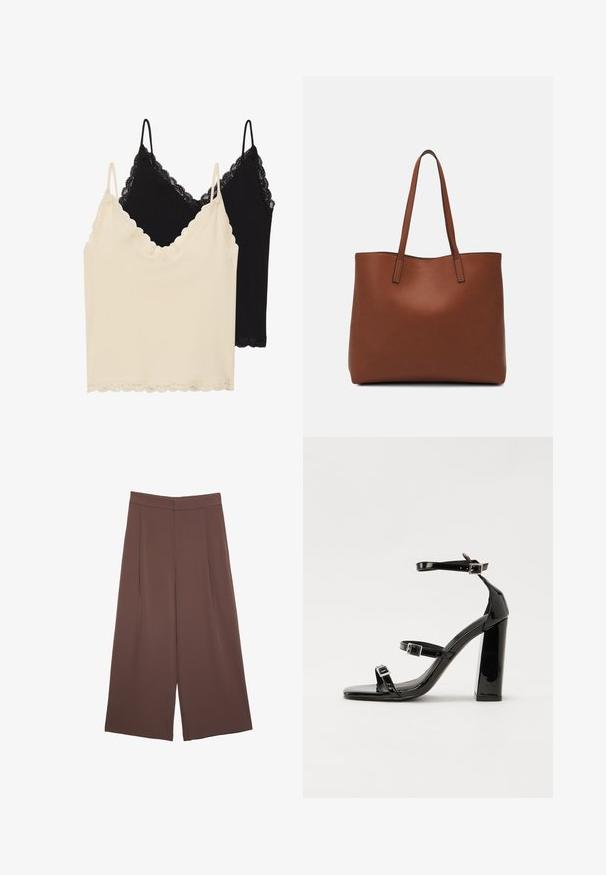 Dva topa: jedan krem i jedan crni. Obe imaju čipkaste detalje oko dekoltea i donjeg ruba, sa podešavajućim trakama.; Smeđe hlače širokog kroja s glatkom teksturom, koje imaju visok struk i nabore sprijeda. Tkanina je lagana i slobodno se kreće.; Crne lakirane sandale na pete sa kvadratnim nosom, trakama oko gležnja i srebrnim kopčama. Imaju čvrst blok petu za stabilnost.; Smeđa kožna torba preko ramena s glatkom teksturom, otvorenim vrhom i dvjema naramenicama. Ima minimalne šavove i nema vidljivog hardvera.