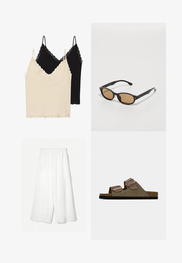 Dwa topy na ramiączkach: jeden kremowy, a drugi czarny. Oba mają koronkowe wykończenie przy dekolcie i u dołu, oraz regulowane ramiączka.; Szerokie spodnie w kolorze białym, wykonane z teksturowanej tkaniny. Projekt cechuje się wysokim stanem i swobodnym krojem bez widocznych zapięć.; Brązowe zamszowe sandały z dwoma regulowanymi paskami i metalowymi klamrami. Korkowa wkładka i czarna teksturowana podeszwa. Projekt z odkrytymi palcami.; Czarne okulary przeciwsłoneczne z owalnymi oprawkami, brązowymi soczewkami i srebrnymi akcentami na oprawkach. Gładka tekstura i elegancki design.