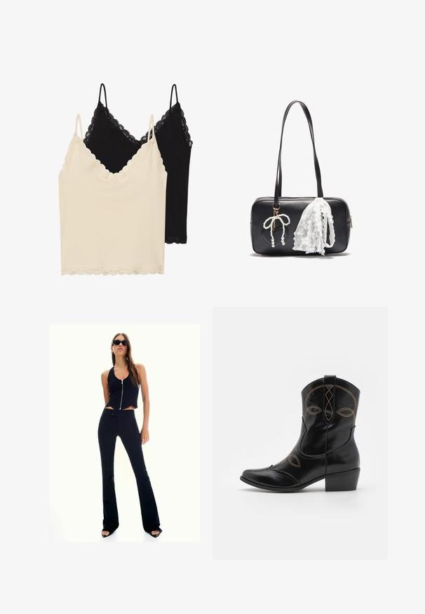 Due camisole: una crema e una nera. Entrambe presentano una rifinitura in pizzo lungo il collo e l'orlo, con spalline regolabili.; Top corto nero con zip frontale, abbinato a pantaloni neri a palazzo a vita alta. Il modello indossa occhiali da sole scuri e sandali con tacco.; Stivale da cowboy in pelle nera con cuciture decorative arancioni e design intagliato. Presenta un tacco corto impilato e una punta appuntita.; Even&Odd Borsa a mano - black