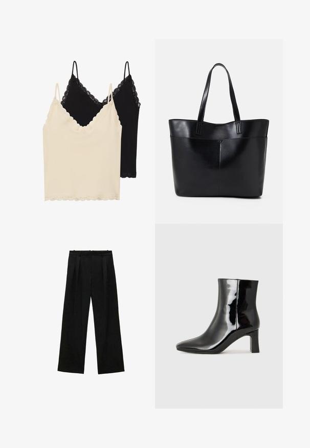 Kaksi toppeja: toinen kremivyö ja toinen musta. Molemmissa on pitsireunus kaula-aukossa ja helmassa, sekä säädettävät olkaimet.; Mustat leveälahkeiset housut, joissa on pleateja, sileä textuuri ja korkea vyötärömalli. Minimalistinen tyyli, ei näkyvää varustelua tai koristeita.; Musta patenttilakattu nilkkuri, jossa on terävä kärki ja keskipitkä lohkarekorko. Silkkinen pinta ja minimalistinen muotoilu.; Musta nahkainen kassi, jossa on kaksi pitkää kahvaa, sileä pinta ja jämäkkä muoto. Sisältää etutaskun lisävarastointia varten.