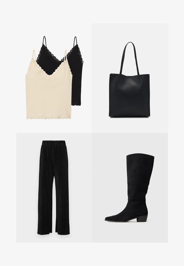 Dwa topy na ramiączkach: jeden kremowy, a drugi czarny. Oba mają koronkowe wykończenie przy dekolcie i u dołu, oraz regulowane ramiączka.; Czarne spodnie plisowane z elastycznym paskiem w talii. Posiadają szerokie nogawki oraz gładki, teksturowany materiał z pionowymi paskami.; Czarne zamszowe muszki do kolan z niskim obcasem blokowym i spiczastym noskiem, zaprezentowane w widoku bocznym na jednolitym jasnoszarym tle.; Czarna skórzana torba tote o gładkiej fakturze, prostokątnym kształcie i dwóch długich uchwytach. Brak widocznych elementów metalowych i ozdób.