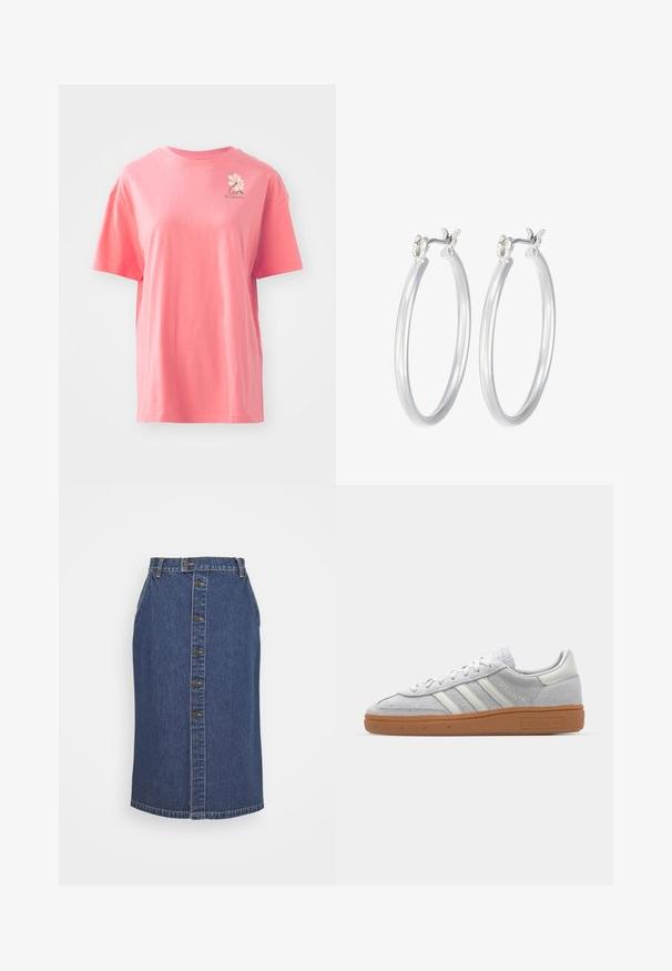 Korte mouwen, koraalroze t-shirt van katoen met een ronde halslijn. Heeft een klein wit logo op het bovenste gedeelte van de linkerborst.; Donkerblauwe denim kokerrok met een sluiting met knopen aan de voorkant, verticale naden en een klassieke zoomlijn.; Lichtgrijze suède sneaker met witte leren accenten, drie witte strepen en een bruine rubberen zool, met een gewatteerde kraag voor comfort.; Zilveren oorbellen in de vorm van een gladde, gepolijste ring. Ronde vorm met een veilige kliksluiting. Lichtgewicht ontwerp, geschikt voor dagelijks gebruik.