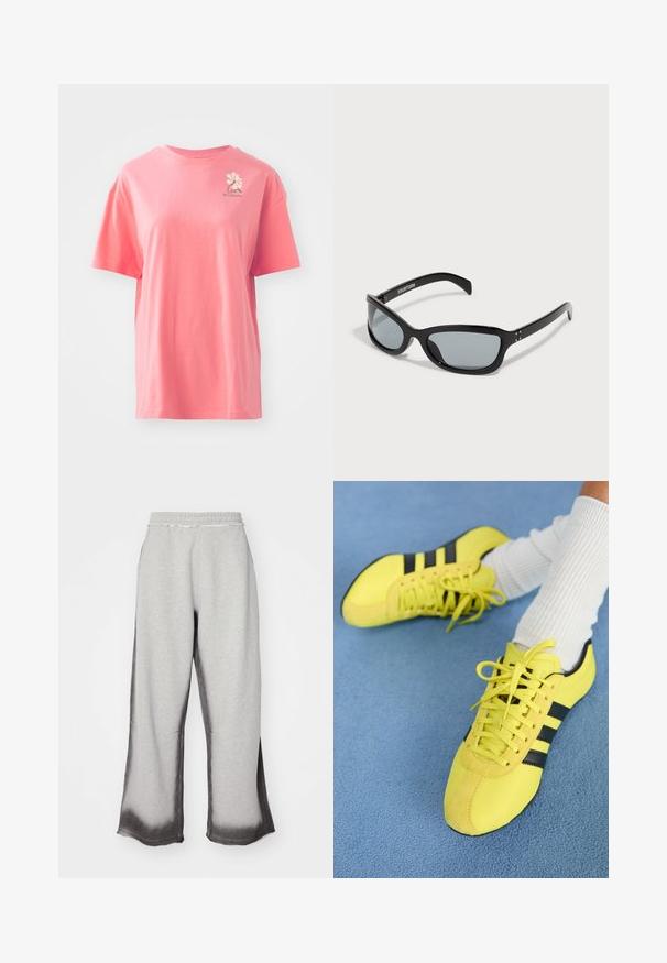 Tričko s krátkým rukávem v korálově růžové barvě, vyrobené z bavlny, s kulatým výstřihem. Na levé horní části hrudi se nachází malé bílé logo.; Šedé tepláky s texturovaným povrchem, s postupným tmavě šedým přechodem na lemu, elastickým pasem a širokým střihem nohavic.; Jasně žluté sportovní boty s černými pruhy a šňůrkami; mají strukturovaný svršek a semišové akcenty. Nosené s bílými žebrovanými ponožkami.; Černé sluneční brýle s elegantním, úhlovým designem. Mají šedé čočky a lesklé plastové rámy. Obsahují malé kovové akcenty a branding na rameni.