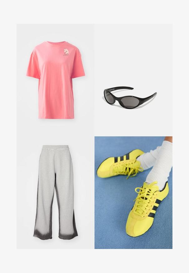 Tričko s krátkým rukávem v korálově růžové barvě, vyrobené z bavlny, s kulatým výstřihem. Na levé horní části hrudi se nachází malé bílé logo.; Šedé tepláky s texturovaným povrchem, s postupným tmavě šedým přechodem na lemu, elastickým pasem a širokým střihem nohavic.; Jasně žluté sportovní boty s černými pruhy a šňůrkami; mají strukturovaný svršek a semišové akcenty. Nosené s bílými žebrovanými ponožkami.; Černé sluneční brýle oválného tvaru s temnými skly. Elegantní plastový rám s texturovanými akcenty na nožkách. Logo na straně.