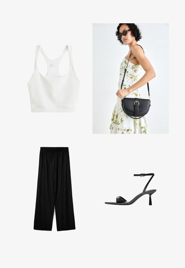 Weißer, gerippter Sport-BH mit rundem Ausschnitt, breiten Trägern und anliegendem Design. Mit Markenlabel an der Innenseite im Rücken.; Schwarze weite Hose aus leichtem Material mit einem elastischen Bund und einem Kordelzug für eine verstellbare Passform. Glatte Textur.; Bershka High Heel Sandalette - black; Schwarze Lederhandtasche mit geschwungener Form, abnehmbarem Tragegurt und goldenen Beschlägen. Die Tasche verfügt über einen Deckel mit einer Schnallen-Details.