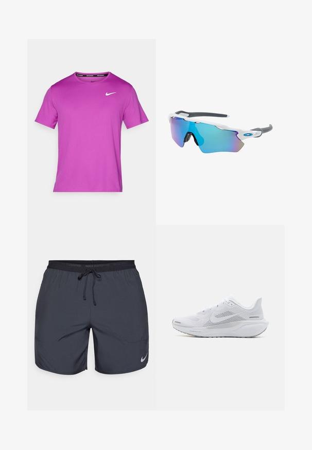 Fioletowa, krótkosleeve'owa koszulka sportowa z lekkiego materiału, z białym logo Nike w kształcie łuku na górnej lewej piersi.; Krótki spodenki do biegania Nike w ciemnoszarym kolorze, z elastycznym pasem w talii i sznurkiem ściągającym oraz srebrnym akcentem logo na dolnej części prawej nogawki.; Białe buty sportowe z siateczkową cholewką, gładkimi naszywkami, szarymi akcentami, sznurówkami i amortyzowaną podeszwą zaprojektowaną z myślą o wydajności.; Okulary przeciwsłoneczne z białą oprawą, szarymi akcentami i niebieskimi lustrzanymi soczewkami. Sportowy design, kształt otaczający, z regulowanymi noskami.