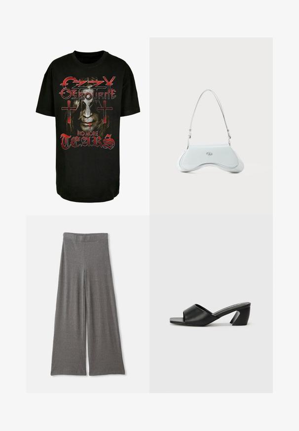 Must musta T-särk, millel on graafika pikade juustega näost, punased aktsendid ja tekst "Ozzy Osbourne No More Tears" koos ristidega.; Hallid, soonikuga laiad püksid, millel on kõrge elastne vöökoht. Kangas näeb pehme ja tekstuurina välja, pakkudes kogu pikkuses mugavat istuvust.; Must have musta sandaalid musta värvi, sujuva kunstnahast pealispind, avatud varbaga disain ja silmapaistev nurgeline konts. Minimalistlik ruudukujuline jalanõu sisemus.; Valge patendiga õlalakk, millel on kõver kujundus, hõbedane riistu ja diskreetne logo aktsent ees. Kaasas reguleeritav rihm.