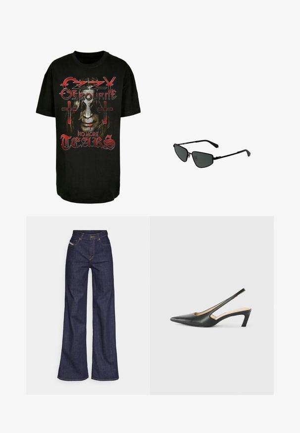 Melna kokvilnas T-kreklā ar grafiku, kurā attēlota seja ar gariem matiem, sarkaniem akcentiem un tekstu "Ozzy Osbourne No More Tears" ar krustiem.; Tumši zili platleņķa džinsi no denima auduma ar augstu jostasvietu, ar oranžām šuvēm, piecu kabatu dizainu un pogu aizdari.; Melna, ar smailu purngalu, slingback kurpe ar zemu papēdi, izgatavota no gludas ādas materiāla un ar izgriezumiem sānos gaisa caurlaidībai.; Melnās metāla saulesbrilles ar leņķveida rāmjiem un tumšiem stikliem. Tām ir plānas, taisnas kājas un deguna spilventiņi drošai piegulšanai.; Balta lakota ādas pleca soma ar izliekto dizainu, sudraba furnitūra un nemanāma logotipa akcenta priekšpusē. Iekļauta regulējama siksna.