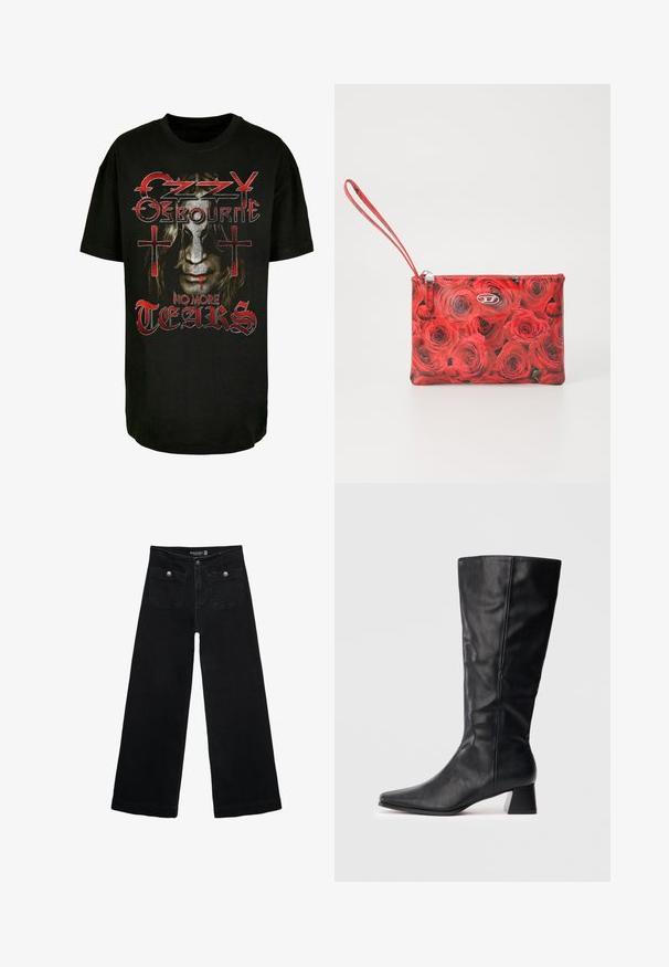 Zwarte katoenen t-shirt met een grafisch ontwerp van een gezicht met lang haar, rode accenten en de tekst "Ozzy Osbourne No More Tears" met kruizen.; Zwarte wijdpijpjans met een hoge taille, voorzien van twee voorzakken en metalen knoopaccenten. De stof heeft een gladde textuur.; Zwarte leren laars tot halverwege het kalf met spitse neus en blokhak op een plain lichte achtergrond.; Rode bloemen polsbeugeltas met een rozenpatroon, ritssluiting, zilveren hardware en een polsband voor gemakkelijke draagbaarheid.