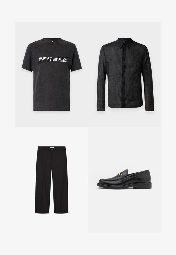 Camiseta de algodón negra con escote redondo, que presenta un audaz diseño gráfico blanco desgastado en el pecho. Manga corta.; Camisa negra con diseño de botones, mangas largas y patrón de lunares blancos, fabricada con una tela ligera y transparente.; Pantalones de pierna ancha negros, confeccionados con una tela suave. Cuentan con cierre de botón y cremallera, dos bolsillos delanteros y un acabado de dobladillo nítido.; Mocasines de cuero negro con punta redondeada, que cuentan con un detalle de herrajes dorados y costuras, situados sobre una suela de goma texturizada y baja.
