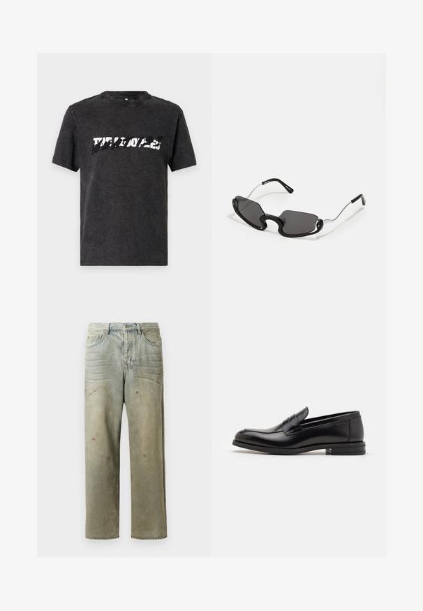 Czarna bawełniana koszulka z okrągłym dekoltem, zdobiona wyraźnym, postarzanym białym wzorem na klatce piersiowej. Krótkie rękawy.; Zniszczone dżinsy w jasnym zielonym kolorze, z prostymi nogawkami, pięcioma kieszeniami oraz nierównomiernym blaknięciem i plamami farby.; Czarne skórzane mokasyny o gładkiej fakturze, zaokrąglonym nosku i dekoracyjnym pasku na przodzie. Niski, warstwowy obcas, minimalistyczny design.; Czarne okulary przeciwsłoneczne o unikalnym kształcie osłony, z ciemnymi soczewkami i cienkimi, srebrnymi metalowymi ramionami. Oprawki mają zaokrąglone akcenty i odważny design.