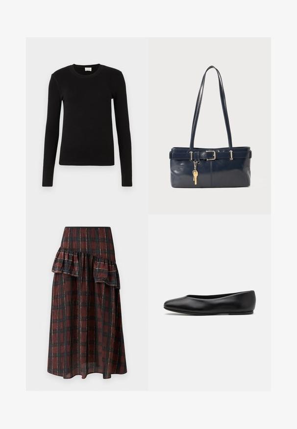 Musta pitkähiha T-paita, joka on valmistettu pehmeästä ja sileästä kankaasta. Ominaisuuksiin kuuluu pyöreä pääntie ja slim fit -malli, ilman näkyviä kuvioita tai yksityiskohtia.; Maxihame vaaleanpunaisessa ja mustassa ruutukuviossa, jossa on kerrostettuja röyhelöitä vyötäröllä, valmistettu kevyestä kankaasta, jolla on pehmeä rakenne.; Paul Smith TOPANGA - Ballerinat - black; La handbagin sininen nahka, jossa on kaksi pitkää kahvaa, Buckle-yksityiskohta ja avaimenperä kiinnitettynä. Sen pinta on sileä ja muoto on suorakulmainen.