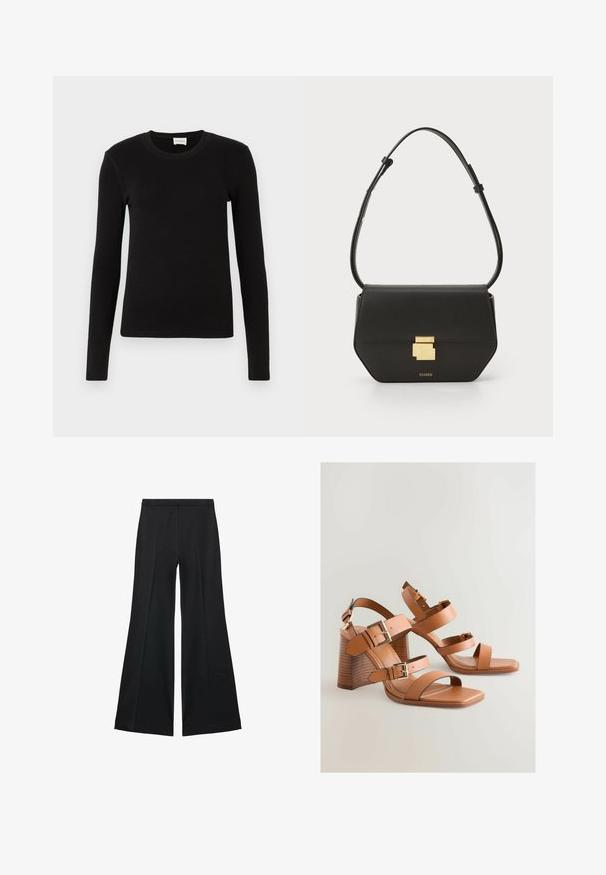 Tricou negru cu mânecă lungă, realizat dintr-un material moale și neted. Prezintă un decolteu rotund și o croială ajustată, fără modele sau accente vizibile.; Pantaloni negri cu croială largă, având o textură netedă, cu pliseuri frontale și un design croit. Materialul este ușor și fluid.; Sandale cu toc înalt din piele maro, cu multiple curele, accente din metal auriu și toc bloc înclinat. Textură netedă, design cu vârf deschis.; CLOSED CLOSED ONE - Geantă crossbody - black