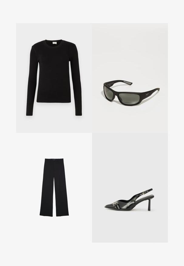 Czarna, długim rękawem koszulka T-shirt wykonana z miękkiego, gładkiego materiału. Posiada okrągły dekolt oraz dopasowany krój, bez widocznych wzorów czy akcentów.; Czarne spodnie typu wide-leg wykonane z gładkiego materiału. Charakteryzują się klasycznym krojem, przednimi kieszeniami oraz elastycznym pasem z zapięciem na guzik.; Czarne lakierowane buty typu slingback z ostrym noskiem, paskami na kostkach z srebrnymi klamrami i elementami metalowymi oraz smukłym obcasem.; Czarne okulary przeciwsłoneczne z szarymi soczewkami, prostokątnym kształtem, matowym wykończeniem i teksturowanymi zausznikami. Na boku znajduje się logo, a ramiona są smukłe.; Czarna, pleciona skórzana torebka z okrągłymi uchwytami oraz odpinaną, mniejszą kieszonką. Posiada strukturę o fakturowanej powierzchni i wyraźnie zarysowany kształt.