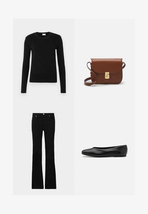 Černé dlouhé rukávy tričko vyrobené z měkké, hladké látky. Vybaveno kulatým výstřihem a přiléhavým střihem, bez viditelných vzorů nebo akcentů.; Černé zvonové džíny vyrobené z denimu, s dvěma předními kapsami, zapínáním na knoflík a hladkou strukturou. Na švech je viditelné charakteristické prošívání.; Paul Smith TOPANGA - Klasické baleríny - black; Hnědá kožená kabelka s klopou, zlatými kovovými detaily, ramenním popruhem a hladkým povrchem. Kompaktní obdélníkový tvar.
