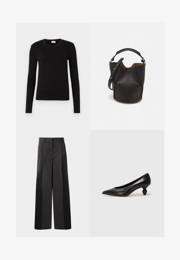 Musta pitkähiha T-paita, joka on valmistettu pehmeästä ja sileästä kankaasta. Ominaisuuksiin kuuluu pyöreä pääntie ja slim fit -malli, ilman näkyviä kuvioita tai yksityiskohtia.; Mustat, leveälahkeiset housut korkealla vyötäröllä, etupleiteillä, sileällä pinnalla ja huolitellulla viimeistelyllä. Suunniteltu rentoon istuvuuteen.; Musta nahkakengät korkealla korolla, joissa on terävä kärki ja pyöreä, pallomainen korko. Sileä pinta ja tyylikäs, minimalistinen muotoilu.; Mustan nahka-buckettikassi, jossa on teksturoitu pinta, kultaiset metalliosat ja avoin yläosa. Ominaisuuksiin kuuluu lyhyt kahva ja säädettävä olkahihna.