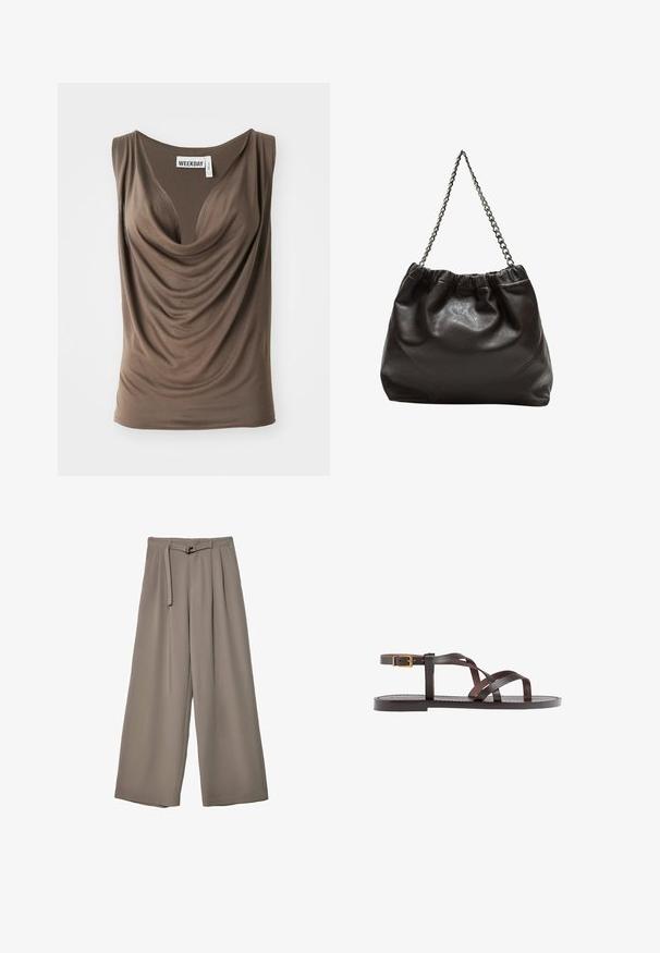 Top senza maniche drappeggiato di colore marrone con décolleté profondo. Realizzato in un tessuto morbido con una texture liscia. L'etichetta reca la scritta "WEEKDAY" sul collo.; Pantaloni a gamba larga in un morbido tessuto grigio tenue, con vita con cintura e pieghe per un tocco di design aggiuntivo. Texture liscia, senza motivi.; Sandal in pelle marrone con cinturini incrociati, chiusura con cinturino alla caviglia e suola piatta con dettagli di cucitura minimi.; Borsa in pelle marrone con parte superiore arricciata e tracolla a catena. Texture liscia con finitura lucida e dettagli di cucitura sottili sui lati.