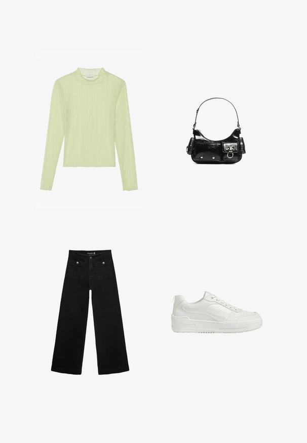 Pitkähihaista puseroa vaaleanvihreästä, teksturoidusta kankaasta, jossa on mock neck ja aaltoileva kuosi. Kapea muotoilu ja lyhennetty malli, jossa on aaltoileva helma.; Mustat leveälahkeiset farkut korkean vyötärön kanssa, joissa on kaksi etutaskua ja metalliset nappikoristeet. Kangas on sileä.; Valkoiset nahkabootsit, joissa on sileä pinta, pehmustettu nilkka ja rei'itetty varvas. Varustettu hieman kohotetulla kumipohjalla ja nauhakiristyksellä.; Mustekko mustasta kiiltonahasta valmistettu käsilaukku, jossa on kaareva muoto, yksi olkahihna, etutaskut ja hopeanväriset yksityiskohdat.