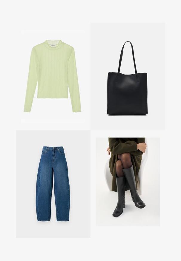 Długi rękaw, jasnobrązowy top z fakturowanej tkaniny, z prążkowanym dekoltem i falistym wzorem. Dopasowany krój z krótkim fasonem i falbaniastym dołem.; Jeans dżinsowe w średnim niebieskim kolorze, z wysokim stanem, szeroką nogawką oraz standardowym pięciomieszkowym wzorem, z widocznymi detalami przeszycia.; Kozaki skórzane do kolan w kolorze czarnym, z kwadratowym noskiem i słupkowym obcasem, pokazane na modelce siedzącej w oliwkowej zielonej kurtce. Gładka tekstura, minimalne detale.; Czarna skórzana torba tote o gładkiej fakturze, prostokątnym kształcie i dwóch długich uchwytach. Brak widocznych elementów metalowych i ozdób.