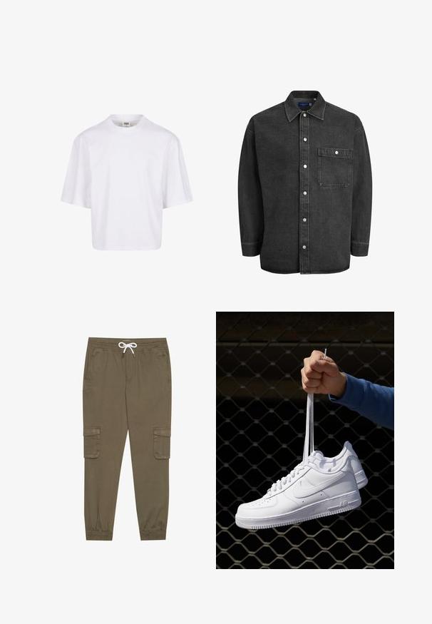 Bílý tričko s krátkým rukávem, s kulatým výstřihem a volným střihem, vyrobené z hladké bavlněné směsi. Bez vzorů nebo ozdob.; Černá džínová košile s dlouhými rukávy, širokým límcem, zapínáním na knoflíky a jednou kapsou na hrudi. Obsahuje stříbrné patentky a volný střih.; Khaki cargo kalhoty s elastickým pasem a tkaničkou, s bočními kapsami a manžetami na kotnících. Vyrobeno z texturovaného, lehkého materiálu.; Bílé kožené tenisky s perforacemi, kulatou špičkou, plochou podrážkou a silnými tkaničkami, které mají viditelné logo swoosh a nápis "AIR" na patě.