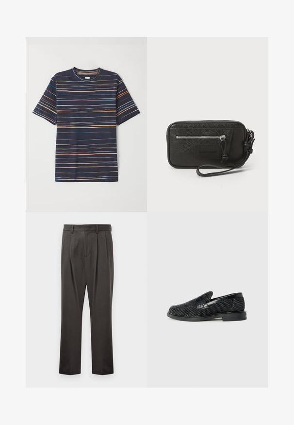 Navy short-sleeve t-shirt featuring horizontal stripes in various colors, round crew neck, soft fabric, and relaxed fit.; Dark gray trousers made from textured fabric, featuring a flat front, pleats, straight legs, and belt loops. No visible hardware or patterns.; Black woven slip-on shoe with a smooth leather accent on the upper, a round toe design, and a low-profile rubber sole.; Black leather clutch with textured surface, front zip pocket, and detachable wrist strap. Features a logo patch on the front. Rectangular shape.