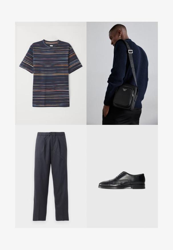 Tume sinise lühikese varrukaga T-särk, mis on kaunistatud erinevate värvide horisontaalsete triipudega, ümar meeskonna kaelus, pehme kangas ja mugav lõige.; Tumed sinised püksid pehmest kangast, mille esiosal on volditud disain ja elastne vöökoht. Varustatud nupuga sulgemisega ja sirge lõikega.; Must musta kingad ümmarguse toe, sile tekstuur, lipsudega disain ja peene õmbluse detail, madala ja tasase kontsaga.; Must mustast nahkrist kotti, millel on lukkudega sektsioon, logo detail ja bränditud reguleeritav rihm. Kanda tekstuurse tumesinise sviitri vastu.