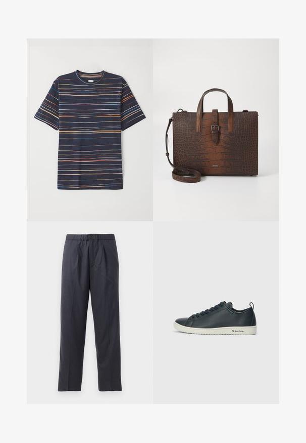 Navy short-sleeve t-shirt featuring horizontal stripes in various colors, round crew neck, soft fabric, and relaxed fit.; Dark navy trousers made of soft fabric with a pleated front design and elastic waistband. Features a button closure and straight-leg cut.; Dark navy leather sneaker with a smooth finish, rounded toe, six eyelet lacing, and contrasting white rubber sole. Features branding on the side.; Brown crocodile-embossed leather handbag with top handles and a detachable shoulder strap. Features a buckle closure and rectangular shape.