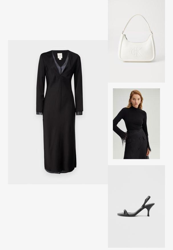 Schwarzes Langarmoberteil mit einem Stehkragen und gefiederten Akzenten an den Ärmelbündchen, kombiniert mit einem hochgeschnittenen schwarzen Rock mit großen Knöpfen.; Schwarzes Langarmkleid aus glattem Stoff, mit tiefem V-Ausschnitt, Satinakzenten am Kragen und seitlichen Schlitzen für mehr Bewegungsfreiheit.; Schwarze Leder-Sandalen mit hohen Absätzen, schlankem, gebogenem Absatz und gekreuztem Riemendesign. Verstellbarer Knöchelriemen. Glatte Textur.; Weiße Lederhandtasche mit abgerundeter Form, ausgestattet mit einem geprägten "CK"-Logo auf der Vorderseite und einem Einzel-Schultergurt. Reißverschluss oben.