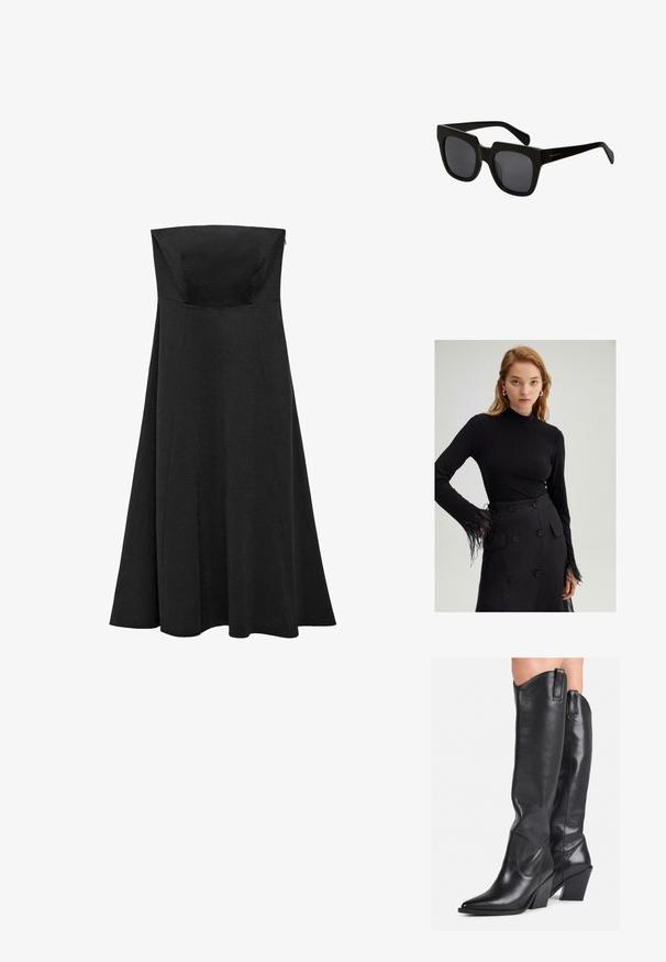 Black long-sleeve top with a mock neck and feathered accents on the cuffs, paired with a high-waisted black skirt featuring large buttons.; Black strapless dress with a fitted bodice and flared, floor-length skirt. Made from smooth fabric with no visible patterns or accents.; Black leather knee-high boots with a pointed toe, curved shaft, and chunky heel. Features a smooth texture and pull tabs on the top.; Black rectangular sunglasses with thick plastic frames and dark lenses. The arms are sleek with a glossy finish and minimal branding.; Black leather handbag with a curved design, gold-tone hardware, and a top handle. Features a sleek closure and smooth texture.