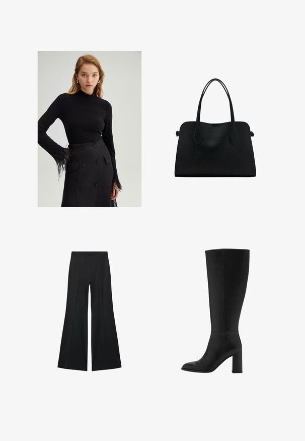 Zwart langemouwen top met een hoge hals en gevederde accenten op de manchetten, gecombineerd met een hoge taille zwarte rok met grote knopen.; Zwarte wijde-pijpen broek met een gladde textuur, gekenmerkt door voorplooien en een op maat gemaakte uitstraling. De stof is lichtgewicht en vloeiend.; Zwarte laarzen tot de knie met hak, gemaakt van soepel leer. Heeft een ronde neus en een stevige blokhak, met minimale stiksel-details.; Zwarte leren handtas met dubbele schouderriemen, rechthoekige vorm en minimalistisch ontwerp op een witte achtergrond.