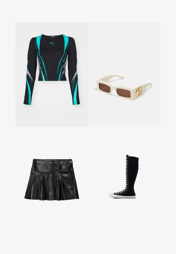Melnas garām piedurknēm topiņš ar zaļām un tirkīza viļņainām svītrām un Puma logotipu. Gluda auduma ar kontrastējošām tekstūrām uz rokām.; Melnas ādas svārki ar arī pleciem, platām jostām un diviem sprādžu akcentiem sānos. Gluda tekstūra ar spīdīgu apdari.; Melni augstie sporta apavi ar augstu dizainu, izgatavoti no kanvas. Iezīmēti ar baltiem auklām, diegojumiem un gumijas zoli ar purngalu.; Baltas taisnstūra formas saulesbrilles ar brūnām lēcām. Malā izceļas izteikts zeltīts GG logotips. Izgatavotas no strukturēta plastmasas materiāla.; Quiltēta balta rokassoma, izgatavota no sintētiska materiāla, ar zelta ķēdes rokturi un logotipa plāksni, ar izliekta forma un teksturētu virsmu.