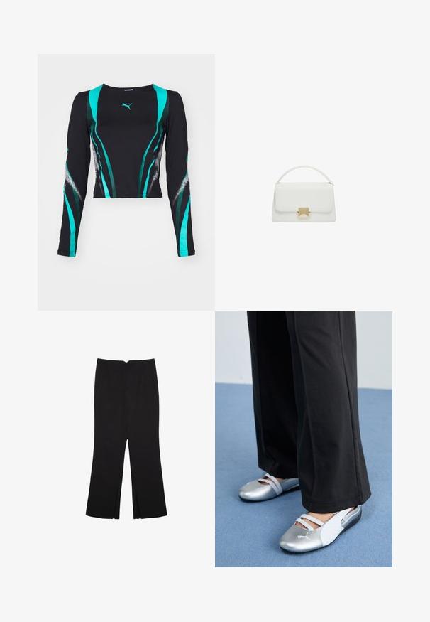 Schwarzes Langarmshirt mit grünen und türkisfarbenen gewellten Streifen und einem Puma-Logo. Glatter Stoff mit kontrastierenden Texturen an den Ärmeln.; Schwarze Hose mit geradem Schnitt, ausgestattet mit Fronttaschen und Seitenschlitzen am Saum. Hergestellt aus weichem, glattem Stoff. Geeignet für verschiedene Anlässe.; Silberne und weiße flache Schuhe mit überkreuzten Riemen und strukturierten Details, ergänzt durch lockere schwarze Hosen. Vor einem blauen Boden.; Weiße Lederhandtasche mit strukturiertem Design, ausgestattet mit einem oberen Griff und einem goldfarbenen Verschluss. Glatte Textur und minimalistische Akzente.