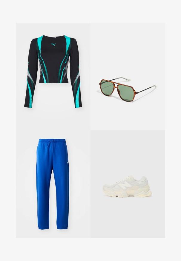Crna majica s dugim rukavima s zelenim i tirkiznim zakrivljenim prugama i Puma logotipom. Glatkasti materijal s kontrastnim teksturama na rukavima.; Plave trenirke izrađene od mekog materijala, s elastičnim pojasom i vezicom, uskim nogavicama i malim logotipom sa strane.; Lagana tenisica s gornjim dijelom od mrežice i antilopa u blagim krem tonovima, srobustnom potplatom i trodimenzionalnim detaljima.; Naočale od kornjačevine sa zelenim staklima, s geometrijskim okvirom, metalnim krakovima i gumiranim detaljima na sljepoočnicama.