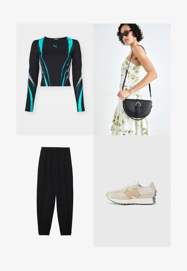 Melnas garām piedurknēm topiņš ar zaļām un tirkīza viļņainām svītrām un Puma logotipu. Gluda auduma ar kontrastējošām tekstūrām uz rokām.; Melnas, vieglas bikses ar elastīgu jostu un savilktiem potītiem. Audums ir gluds un to raksturo brīva, sašaurināta forma.; Sporta apavi ar gaiši bēša zamšādas un ādas kombināciju, ar fakturētu brūnas krāsas akcentu, pelēku gumijas zolī, un baltiem šņorzābakiem.; Melnas ādas rokassoma ar izliekta formu, noņemamu siksnu un zelta aksesuāriem. Somai ir vāciņš ar sprādzes detaļu.