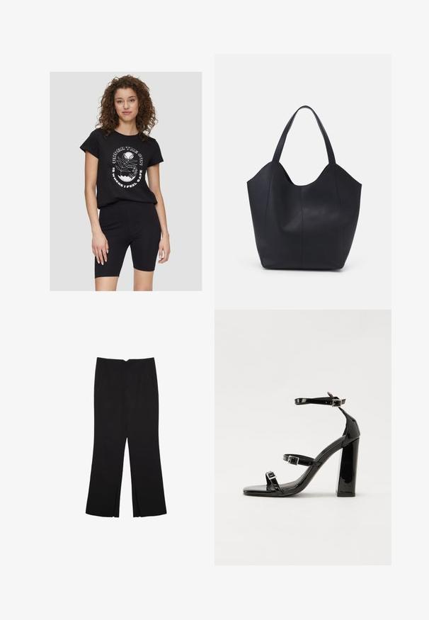 Schwarzes Baumwoll-T-Shirt mit kurzen Ärmeln und rundem Ausschnitt, mit weißem grafischem Text und botanischen Designs auf der Vorderseite.; Schwarze Hose mit geradem Schnitt, ausgestattet mit Fronttaschen und Seitenschlitzen am Saum. Hergestellt aus weichem, glattem Stoff. Geeignet für verschiedene Anlässe.; Schwarze patentierte Sandalen mit Absatz, quadratischer Spitze, Knöchelriemen und silbernen Schnallen. Mit einem stabilen Blockabsatz für mehr Stabilität.; Schwarze Tote-Bag aus glattem Leder, mit einem abgerundeten, offenen Oberteil, zwei Schulterträgern und einem minimalistischen Design.